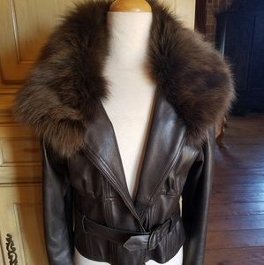Lambskin leather Moto jacket with fox fur hoodie